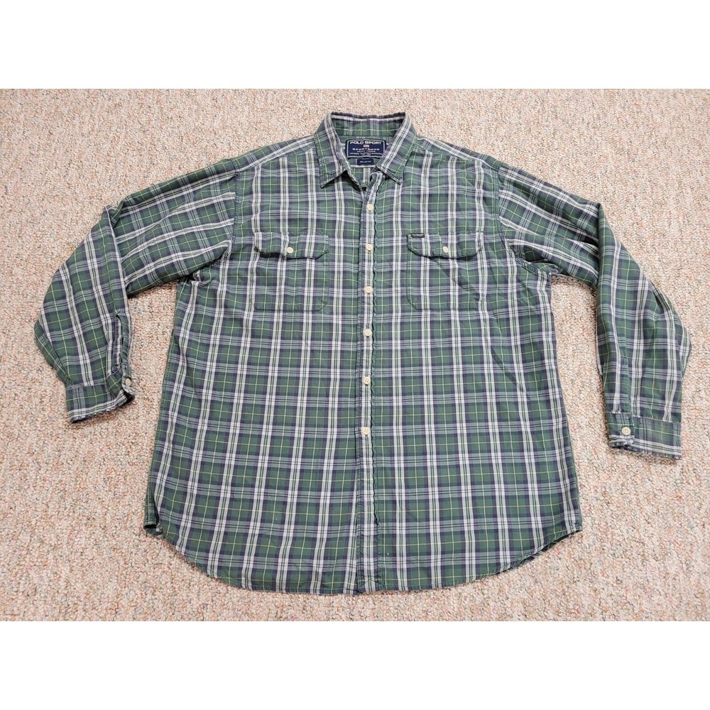 Polo Sport Ralph Lauren Shirt Men XL Green Plaid Button Up Long Sleeve Sportsman